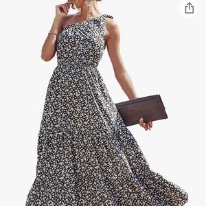 One shoulder black floral dress